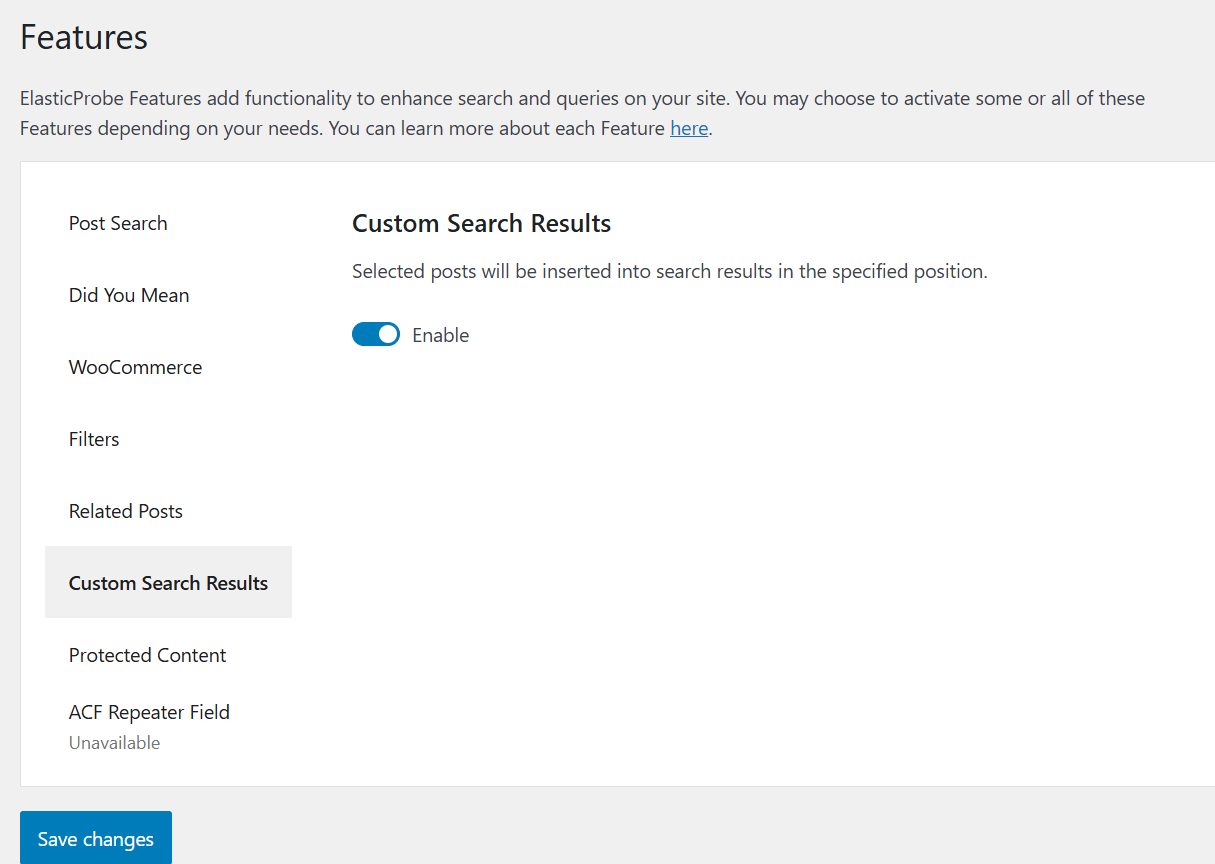 Custom search results feature